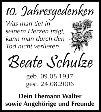 Traueranzeige von Beate Schulze von Mitteldeutsche Zeitung Dessau-Roßlau