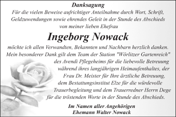 Traueranzeige von Ingeborg Nowack von WVG - Wochenspiegel Dessau / Köthen