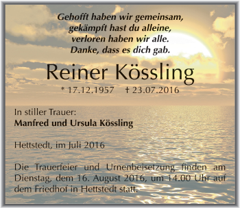Traueranzeige von Reiner Kössling von Mitteldeutsche Zeitung Mansfelder Land