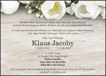 Traueranzeige von Klaus Jacoby von Mitteldeutsche Zeitung Dessau-Roßlau