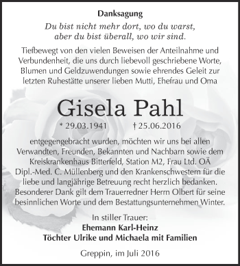 Traueranzeige von Gisela Pahl von WVG - Wochenspiegel Bitterfeld
