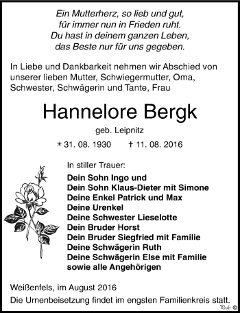 Traueranzeige von Hannelore Bergk von Mitteldeutsche Zeitung Weißenfels