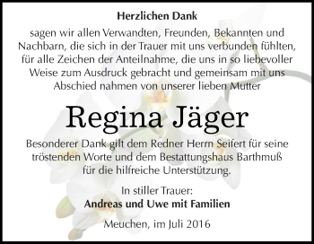 Traueranzeige von Regina Jäger von WVG - Wochenspiegel NMB / WSF / ZTZ