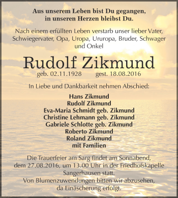 Traueranzeige von Rudolf Zikmund von Super Sonntag SGH Mansf. Land