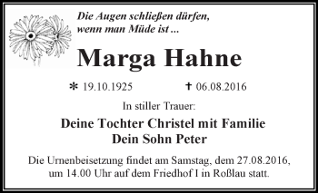 Traueranzeige von Marga Hahne von WVG - Wochenspiegel Dessau / Köthen