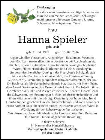 Traueranzeige von Hanna Spieler von WVG - Wochenspiegel Dessau / Köthen