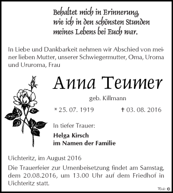 Traueranzeige von Anna Teumer von WVG - Wochenspiegel NMB / WSF / ZTZ