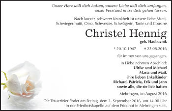 Traueranzeige von Christel Hennig von Mitteldeutsche Zeitung Aschersleben