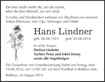 Traueranzeige von Hans Lindner von WVG - Wochenspiegel Bitterfeld