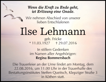 Traueranzeige von Ilse Lehmann von WVG - Wochenspiegel Dessau / Köthen