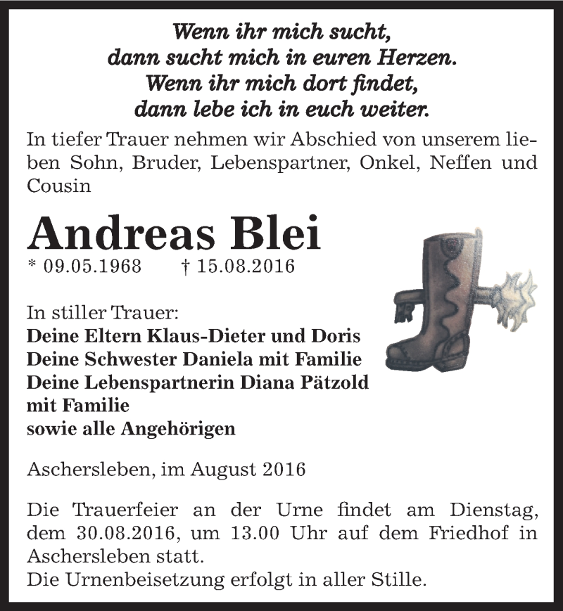  Traueranzeige für Andreas Blei vom 20.08.2016 aus Mitteldeutsche Zeitung Aschersleben