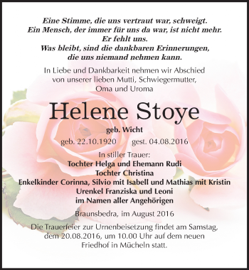 Traueranzeige von Helene Stoye von Mitteldeutsche Zeitung Merseburg/Querfurt