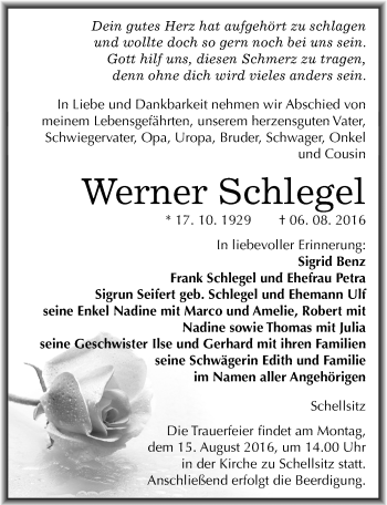 Traueranzeige von Werner Schlegel von Mitteldeutsche Zeitung Naumburg/Nebra