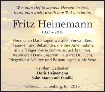 Traueranzeige von Fritz Heinemann von Mitteldeutsche Zeitung Weißenfels