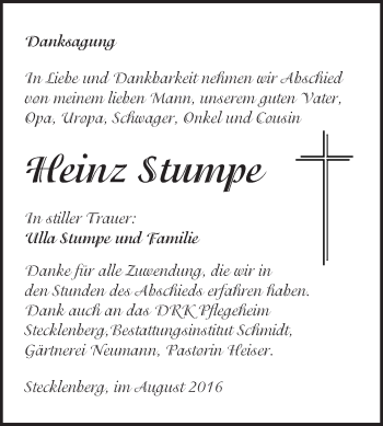 Traueranzeige von Heinz Stumpe von WVG - Wochenspiegel Quedlinburg