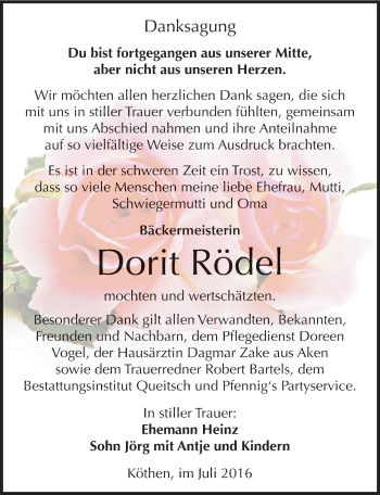 Traueranzeige von Dorit Rödel von Mitteldeutsche Zeitung Köthen