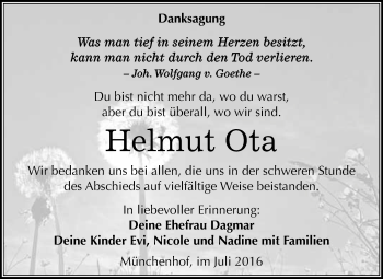 Traueranzeige von Helmut Ota von WVG - Wochenspiegel Quedlinburg