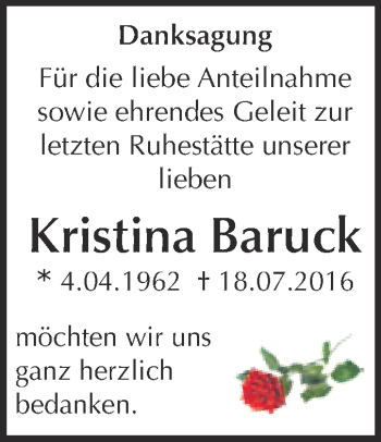 Traueranzeige von Kristina Baruck von Super Sonntag Quedlinburg