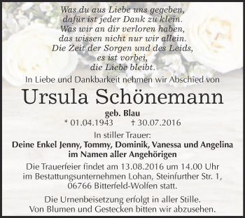 Traueranzeige von Ursula Schönemann von WVG - Wochenspiegel Bitterfeld