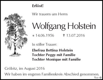 Traueranzeige von Wolfgang Holstein von WVG - Wochenspiegel NMB / WSF / ZTZ