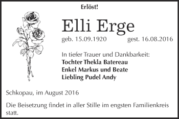 Traueranzeige von Elli Erge von Super Sonntag Merseburg