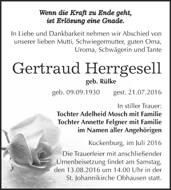 Traueranzeige von Gertraud Herrgesell von WVG - Wochenspiegel Merseburg