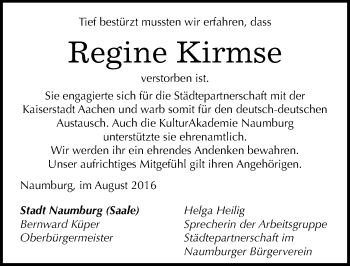 Traueranzeige von Regine Kirmse von Mitteldeutsche Zeitung Naumburg/Nebra