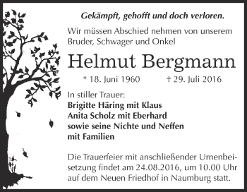 Traueranzeige von Helmut Bergmann von WVG - Wochenspiegel NMB / WSF / ZTZ