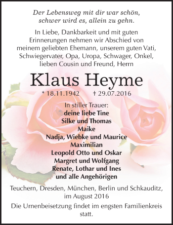 Traueranzeige von Klaus Heyme von Mitteldeutsche Zeitung Weißenfels