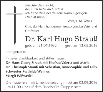 Traueranzeige von Karl Hugo Strauß von WVG - Wochenspiegel Bitterfeld