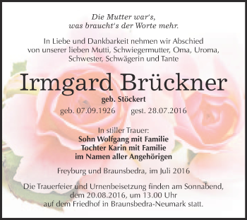 Traueranzeige von Irmgard Brückner von WVG - Wochenspiegel Merseburg