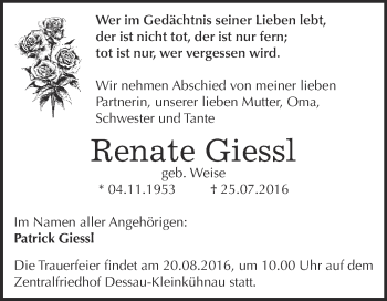 Traueranzeige von Renate Giessl von WVG - Wochenspiegel Dessau / Köthen