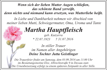 Traueranzeige von ???????????? Martha Hauptfleisch von Mitteldeutsche Zeitung Dessau-Roßlau