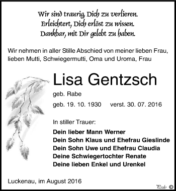Traueranzeige von Lisa Gentzsch von Mitteldeutsche Zeitung Zeitz