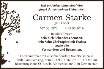 Traueranzeige von Carmen Starke von WVG - Wochenspiegel Dessau / Köthen