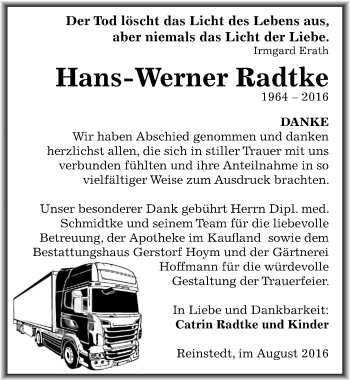 Traueranzeige von Hans-Werner Radtke von Mitteldeutsche Zeitung Quedlinburg