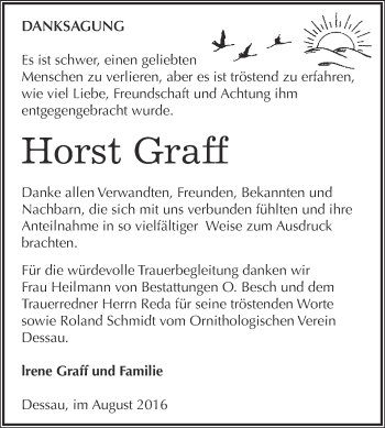 Traueranzeige von Horst Graff von WVG - Wochenspiegel Dessau / Köthen