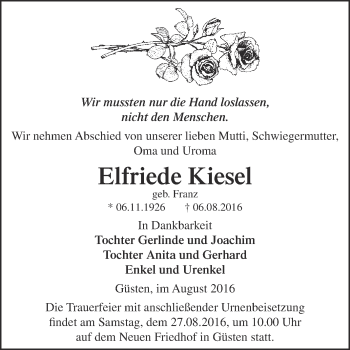 Traueranzeige von Elfriede Kiesel von Super Sonntag Bernburg