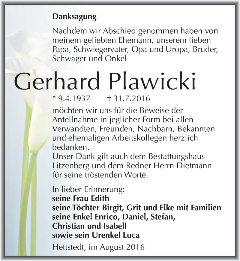  Traueranzeige für Gerhard Plawicki vom 12.08.2016 aus Mitteldeutsche Zeitung Mansfelder Land