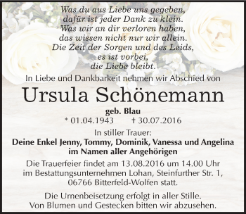 Traueranzeige von Ursula Schönemann von Mitteldeutsche Zeitung Bitterfeld
