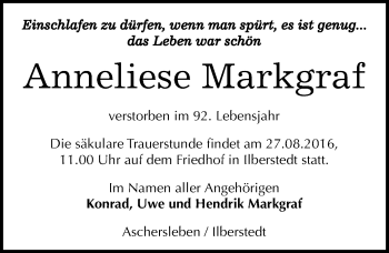 Traueranzeige von Anneliese Markgraf von Mitteldeutsche Zeitung Bernburg