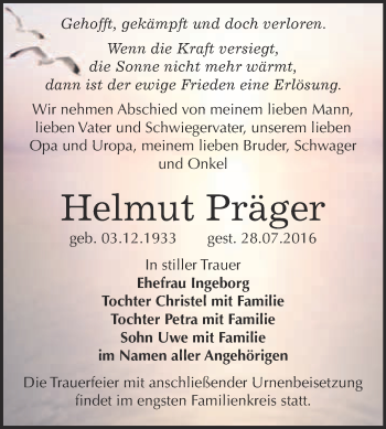 Traueranzeige von Helmut Präger von WVG - Wochenspiegel Wittenberg