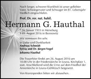 Traueranzeige von Hermann G. Hauthal von Mitteldeutsche Zeitung Merseburg/Querfurt