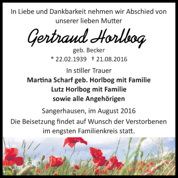 Traueranzeige von Gertraud Horlbog von Super Sonntag SGH Mansf. Land