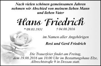 Traueranzeige von Hans Friedrich von Mitteldeutsche Zeitung Dessau-Roßlau
