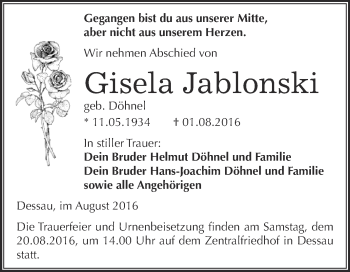 Traueranzeige von Gisela Jablonski von WVG - Wochenspiegel Dessau / Köthen