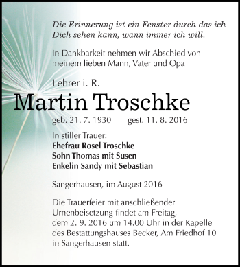 Traueranzeige von Martin Troschke von Super Sonntag SGH Mansf. Land