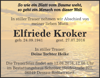 Traueranzeige von Elfriede Kroker von WVG - Wochenspiegel Dessau / Köthen