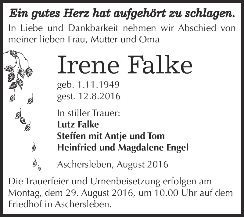  Traueranzeige für Irene Falke vom 17.08.2016 aus Super Sonntag Aschersleben