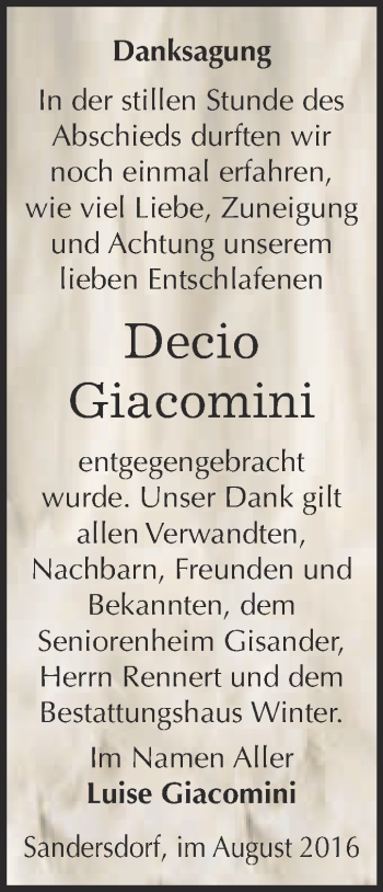 Traueranzeige von Decio Giacomini von WVG - Wochenspiegel Bitterfeld